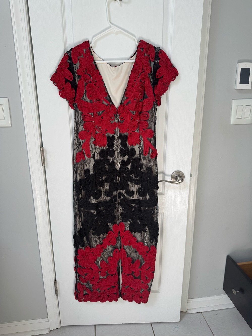 JS Collections Red and Black Lace Appliqué Midi Dress - Picture 5 of 5